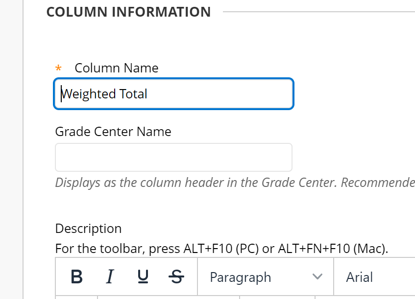 column name and grade center name fields