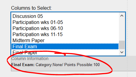 category and points possible sections of columns to select