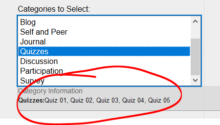 categories to select box with category information highlighted