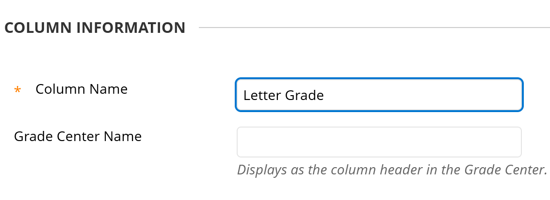 Image of Column Information section and Column Name field