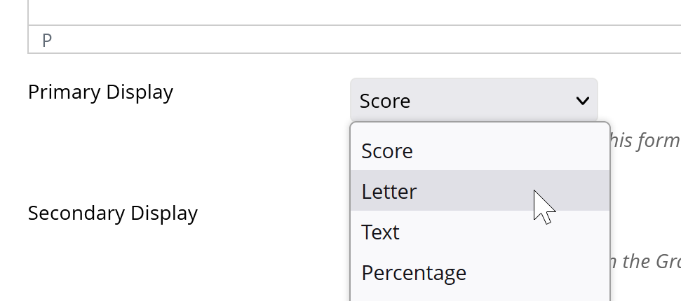 Image of Primary Display menu with Letter selected