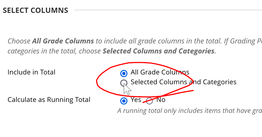 Image of Select Columns section with Selected Columns and Categories highlighted