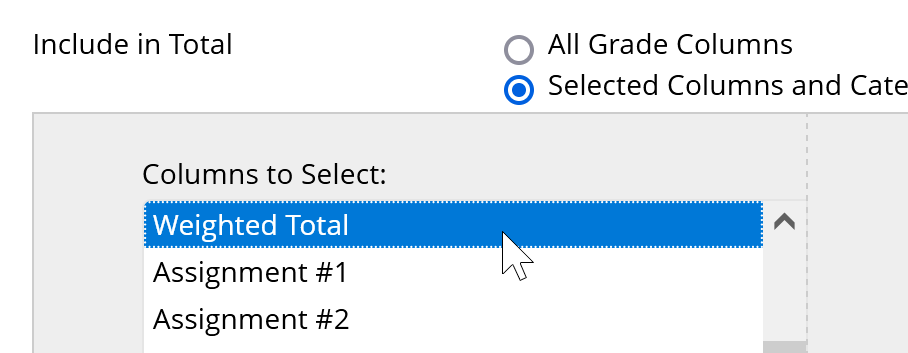 Image of Columns to Select box with Weighted Total highlighted