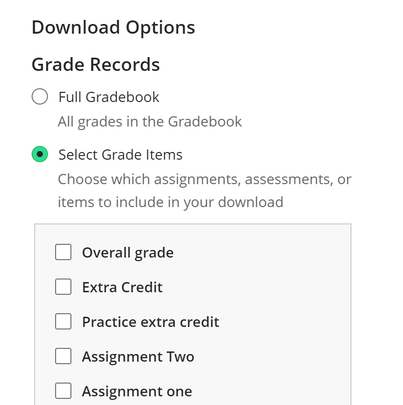 Grade options with Select Grade Items selected and checklist displayed