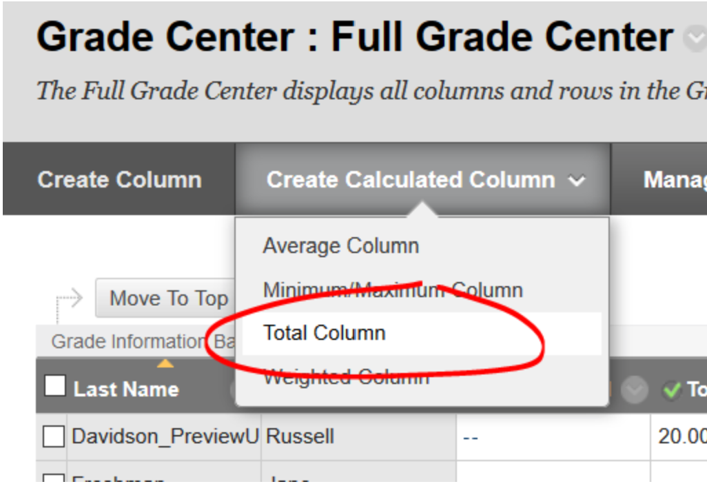 Create Calculated column menu open, total column selection highlighted