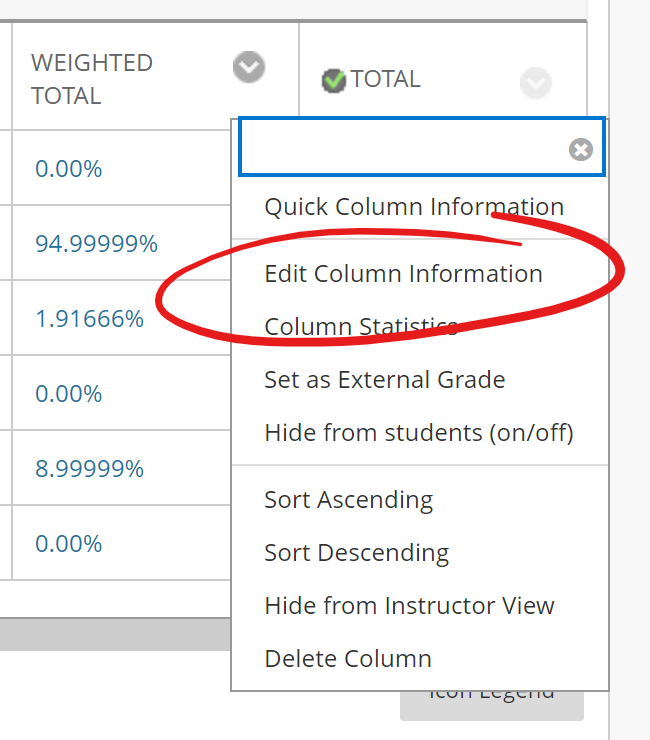 Weighted total options menu with edit column information highlighted