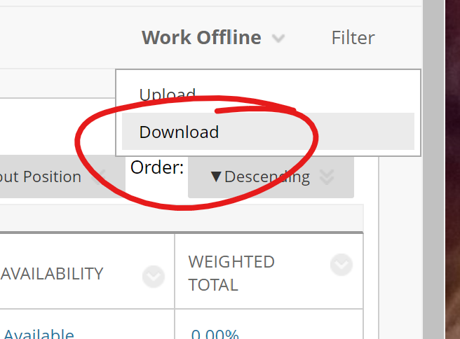 Work offline menu, download option highlighted