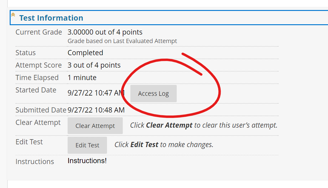 Access log button in context, highlighted