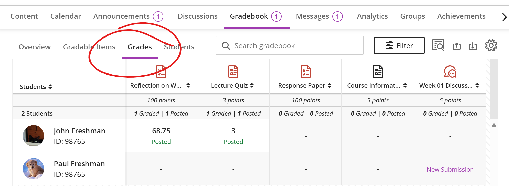 Top of Gradebook Grades page, with Grades tab circled