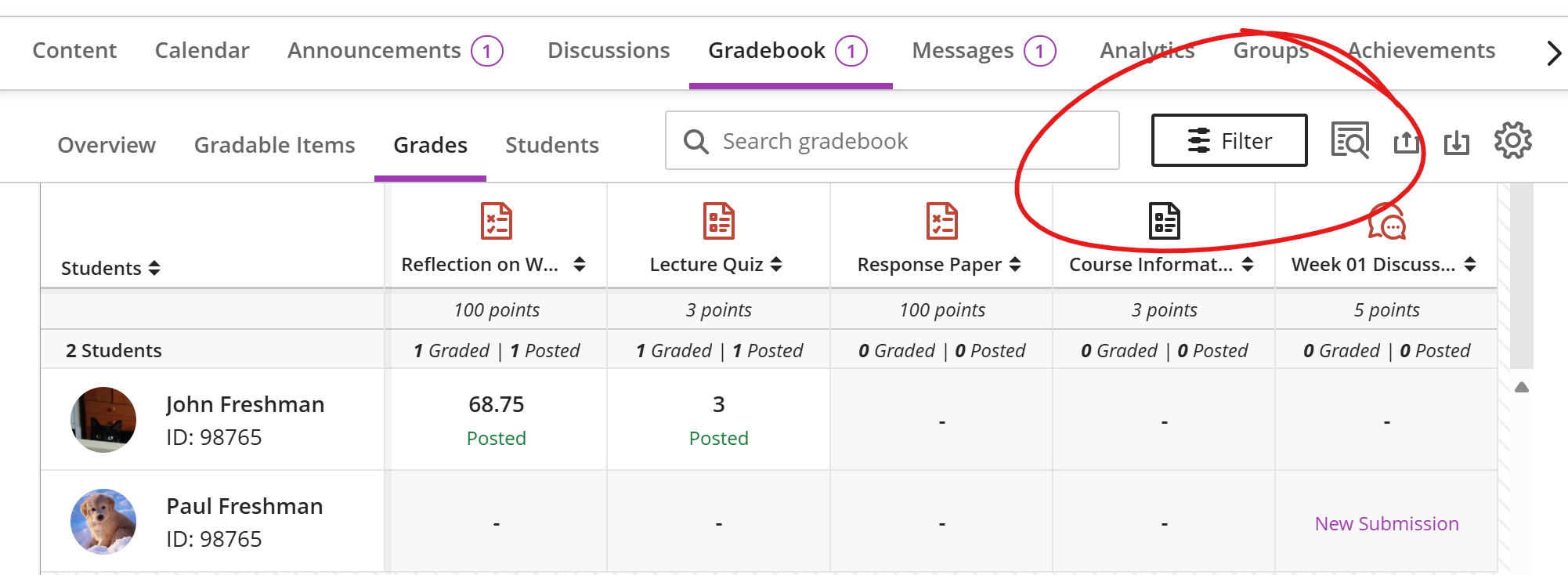 Same image as above, but with filter button circled