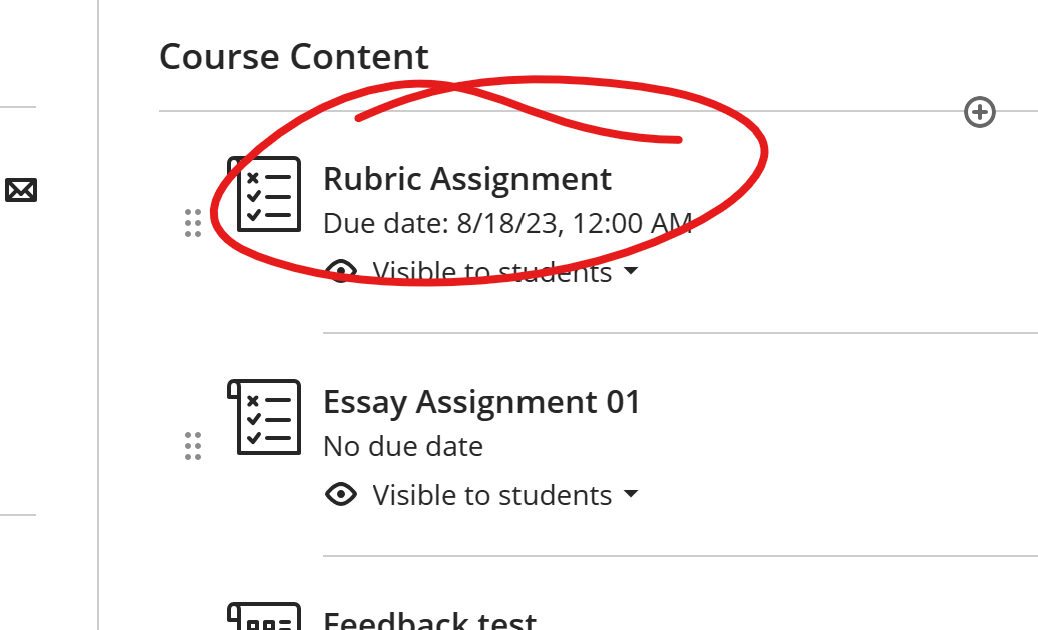 assignment in content list, circled