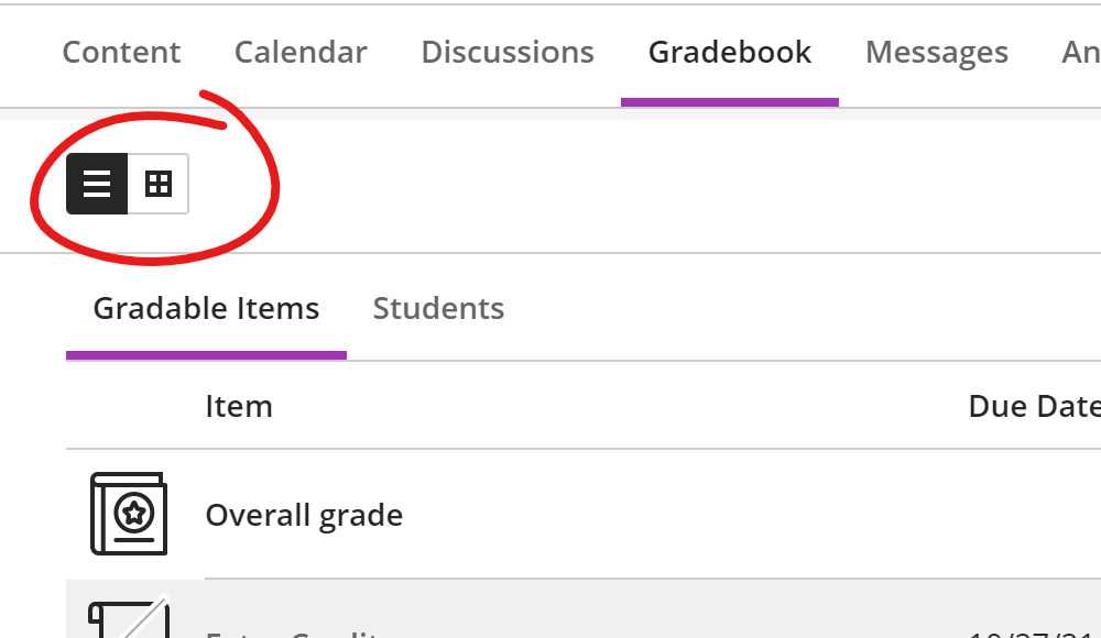 Gradebook view switch buttons in context