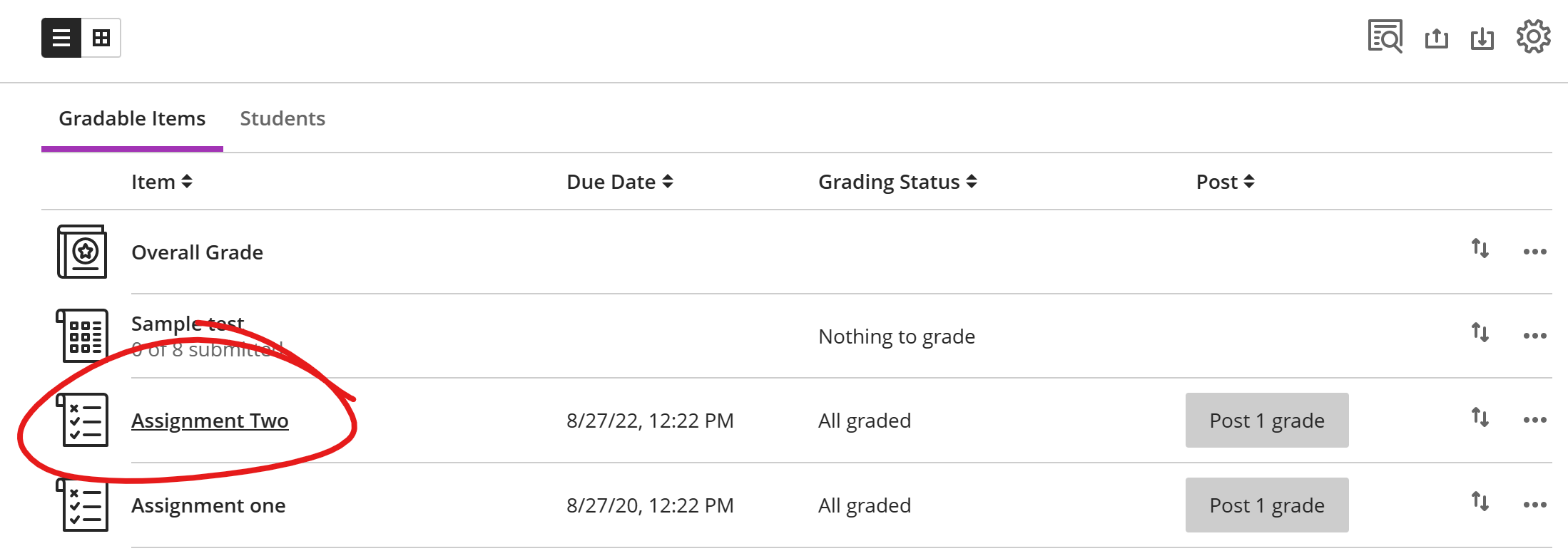 Sample gradable items list, an assessment circled