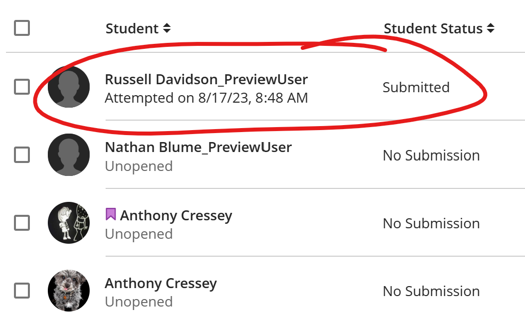 Assessment student list with one student circled