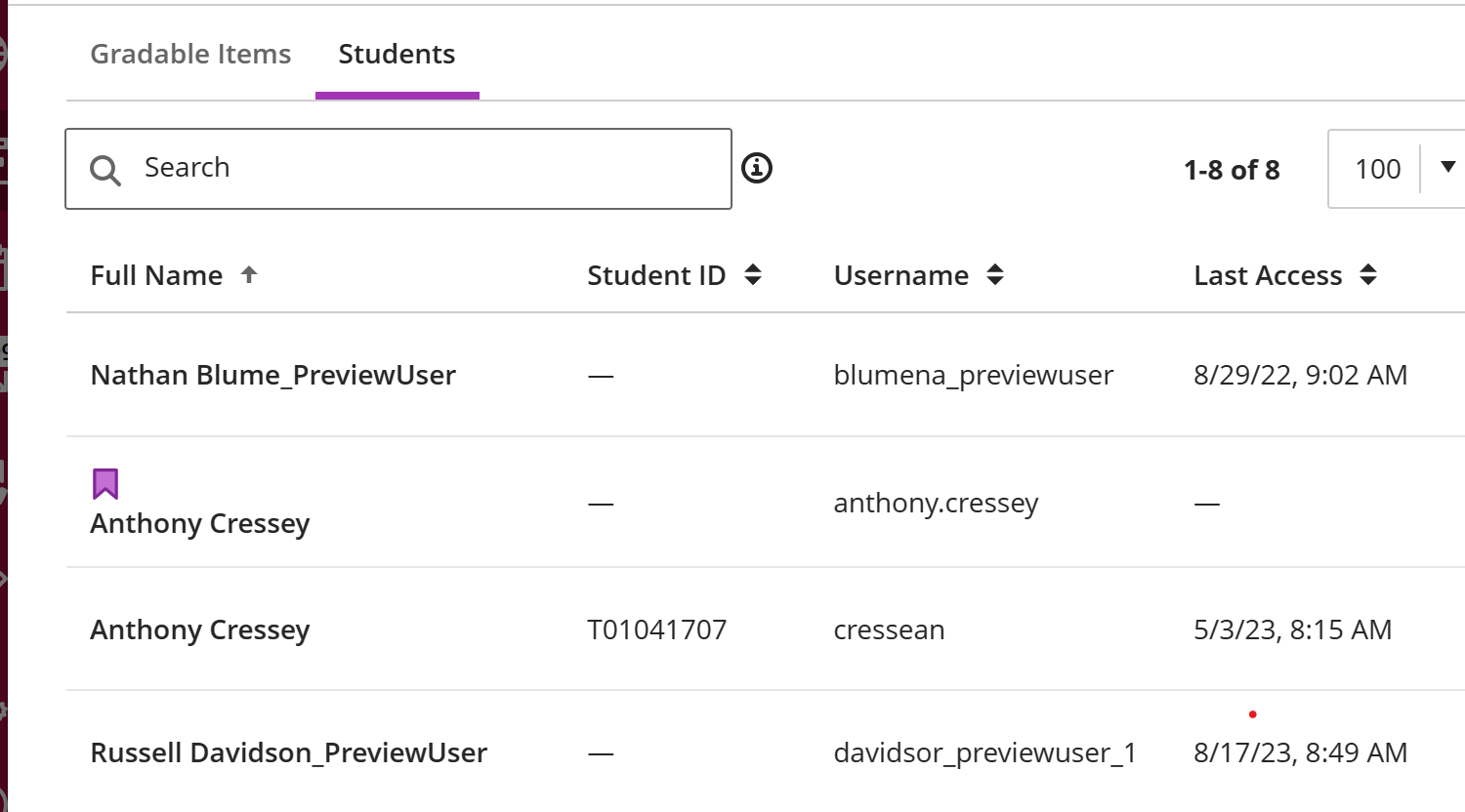 Students list with some student names displayed