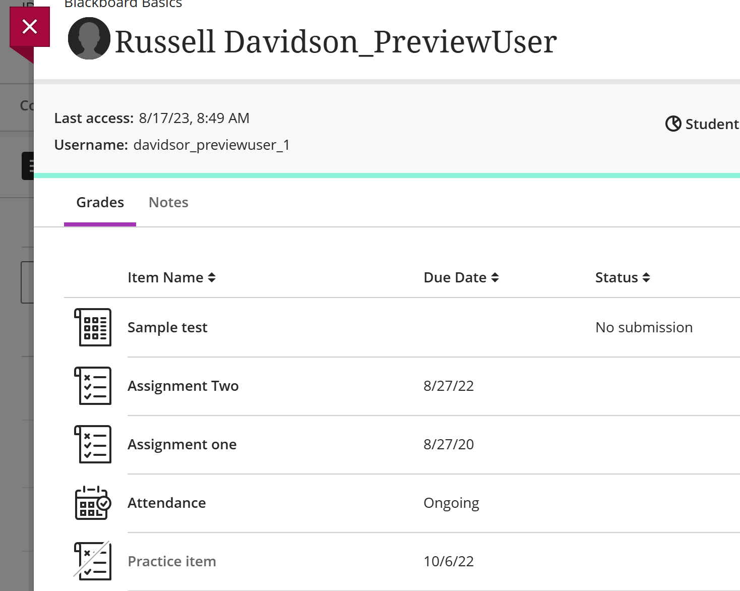 Sample Student Item List