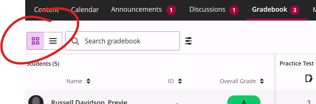 upper left of gradebook page, grid icon circled