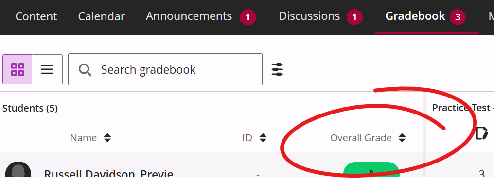 Upper left of gradebook page, overall grade column heading circled