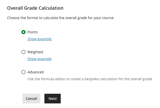 Overall grade calculation options radial buttons and explanations