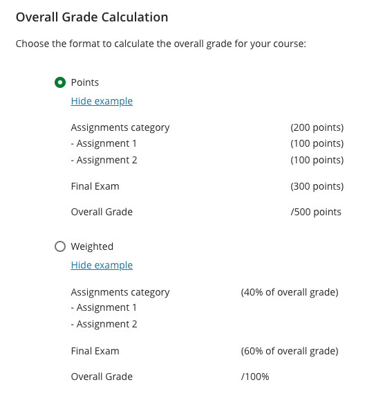 Overall grade calculation explanations expanded view
