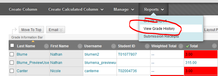 Reports menu in context, View Grade History highlighted