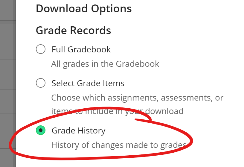 Grade options with Grade History selected