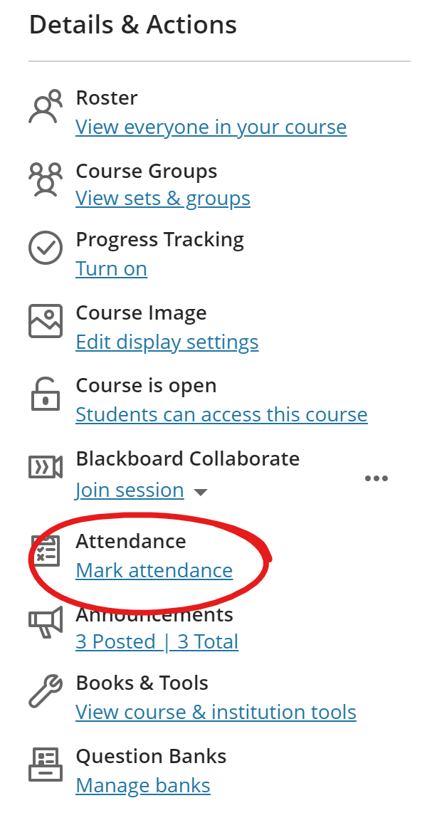 attendance highlighted under details and actions