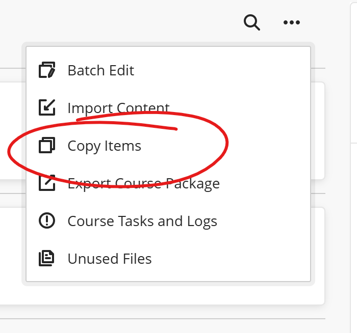 course content options menu, copy items circled