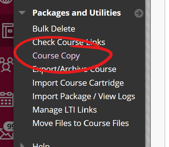packages and utilities menu item opened, course copy selected