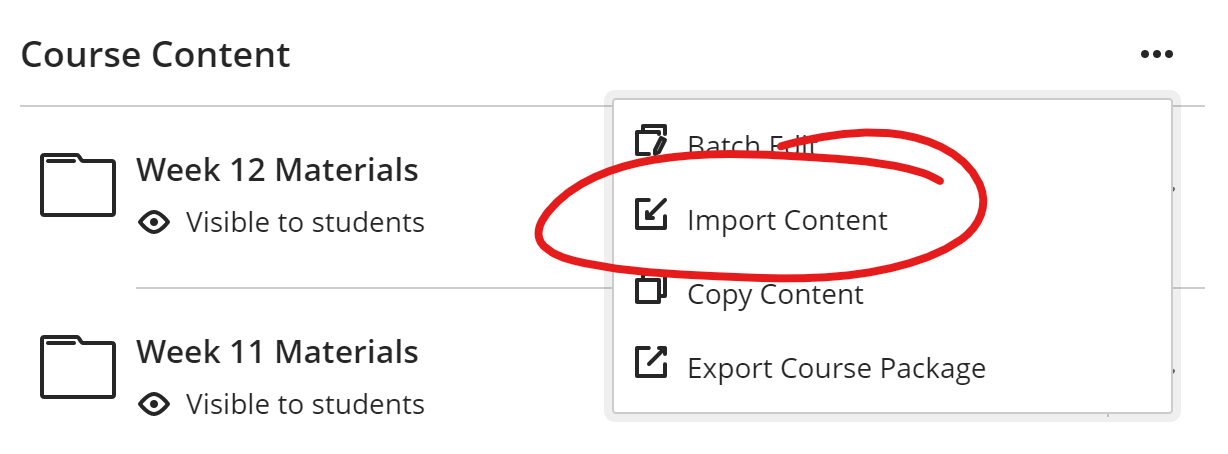 course content more menu, import content highlighted