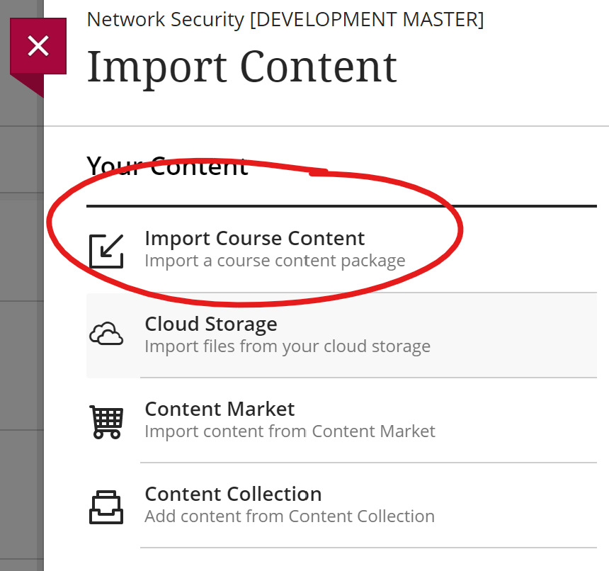 import content menu, import course content highlighted