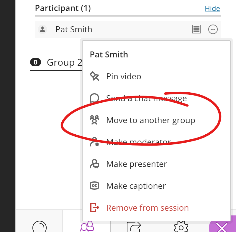 attendee controls menu, move to another group highlighted