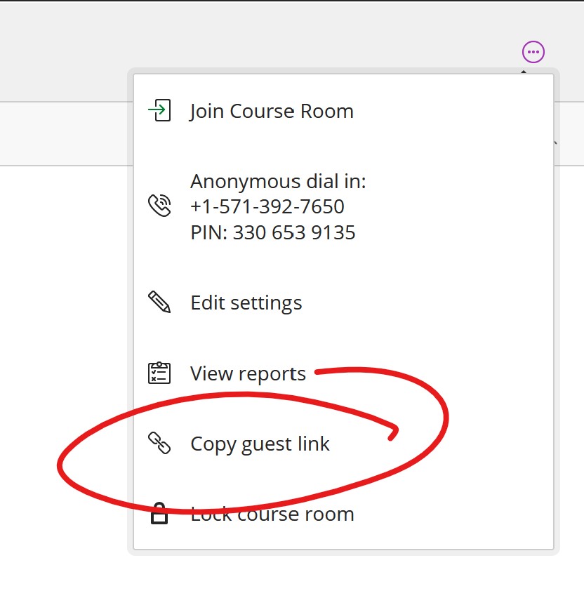 room info menu, copy guest access link highlighted