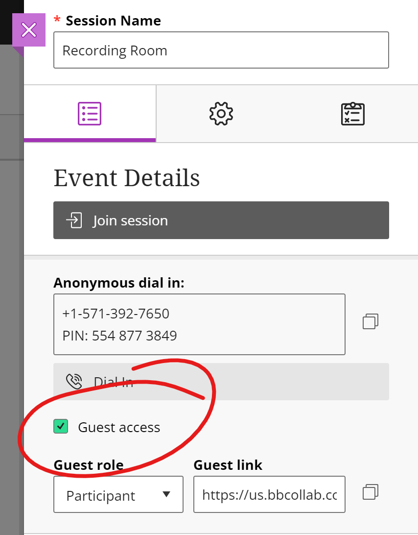 Edit session panel, guest access checkbox highlighted