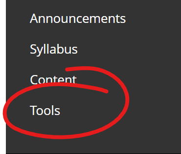 left hand course navigation menu, tools highlighted