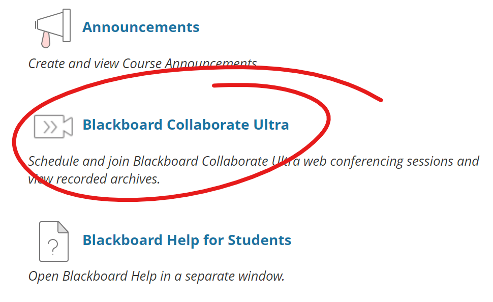 Tools list excerpt, Blackboard Collaborate Ultra highlighted