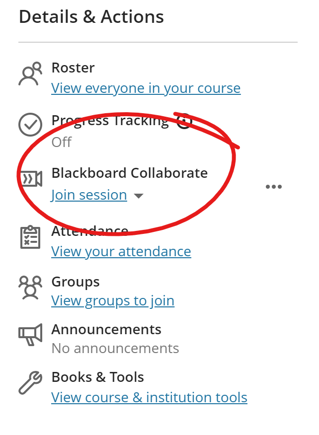Details an Actions section of course, Blackboard Collaborate highlighted
