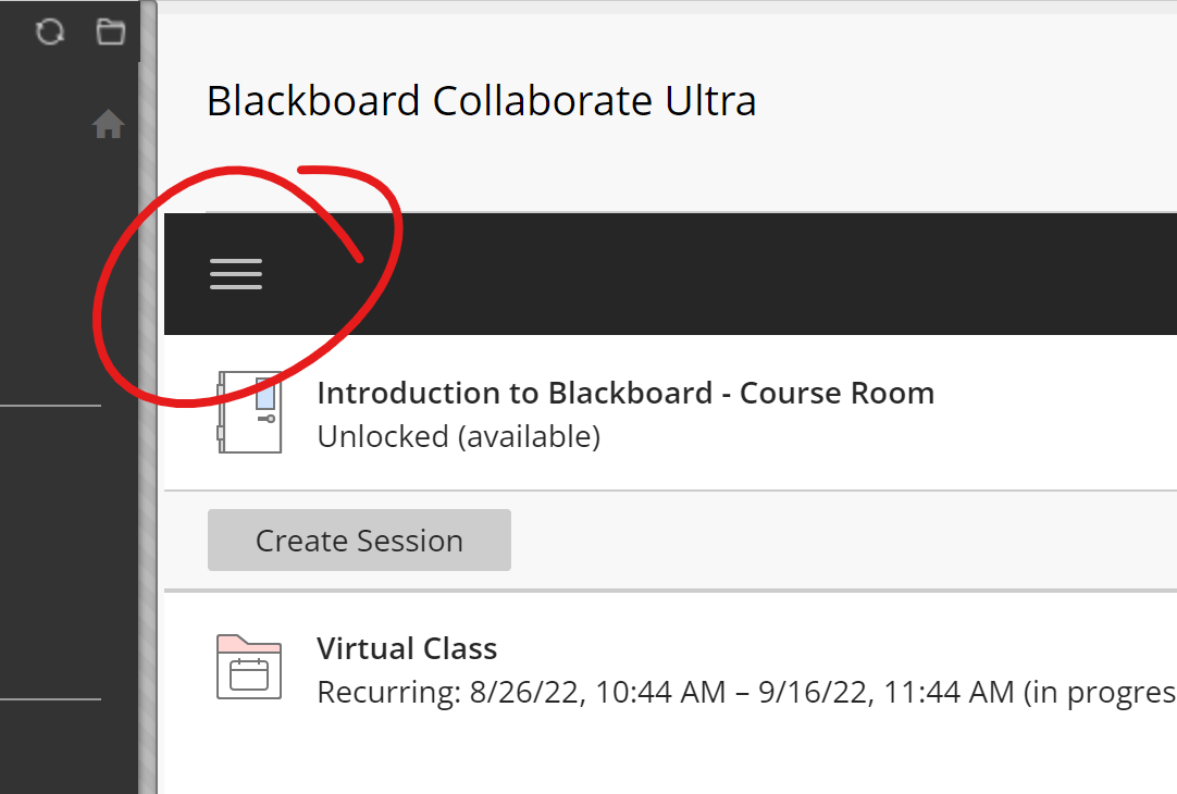 upper section of Bb Collaborate page, menu button highlighted