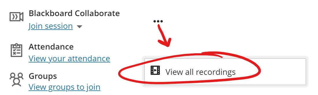 Collaborate MORE menu, view all recordings highlighted