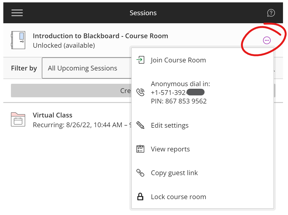 Collaborate sessions page, more button highlighted, session options menu opened