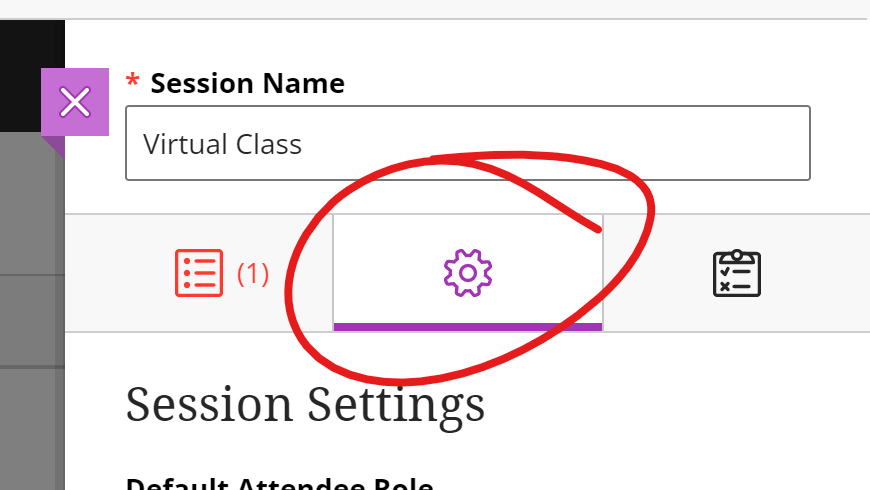 Session info panel top, gear icon highlighted