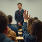 Classroom with student hand raised