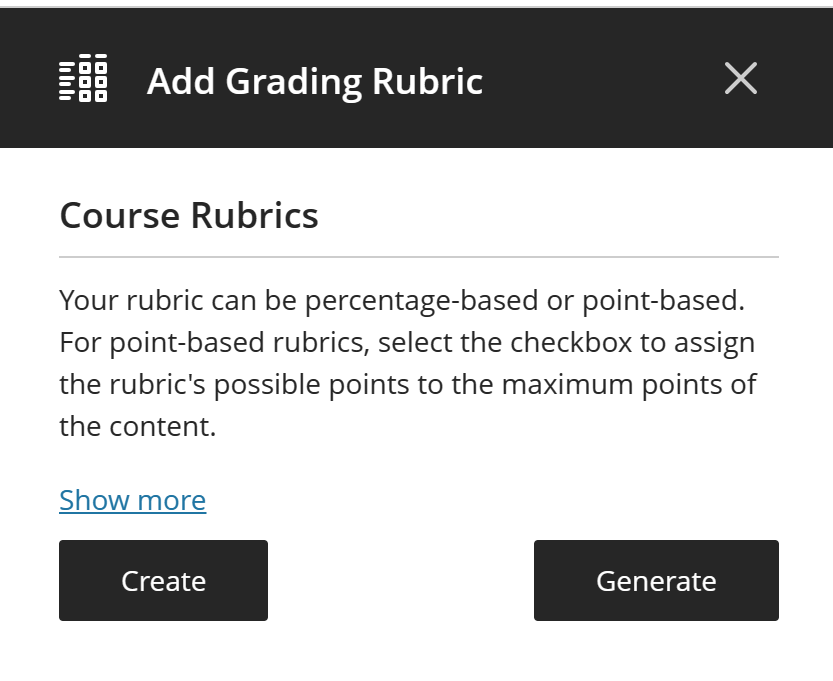Add Grading Rubric panel segment, with Create and Generate buttons