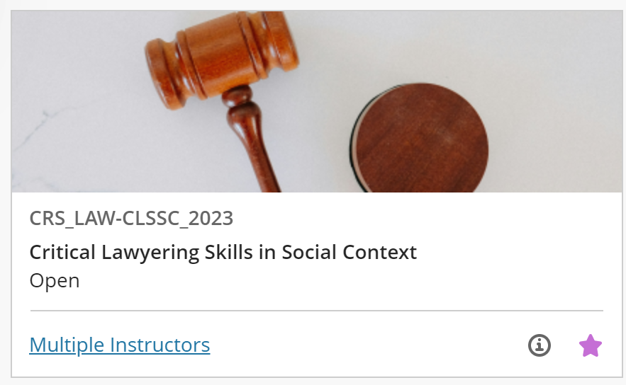 Blackboard grid view course card with gavel course image.