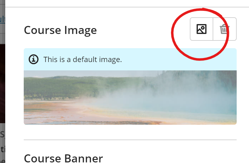 Course Image section, add image button circled in red