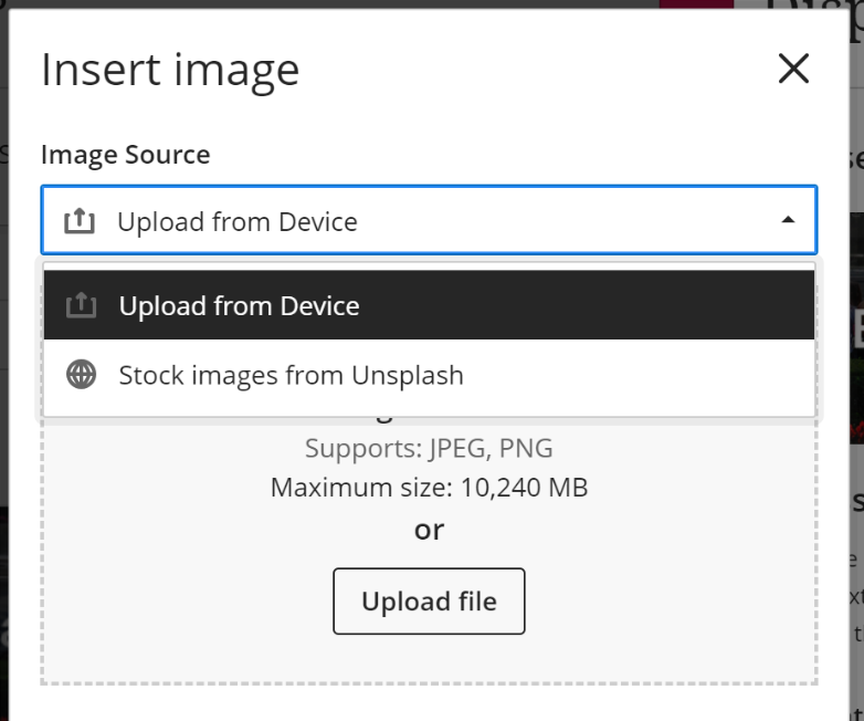 insert image box with upload from device and stock images from unsplash pulldown list opened